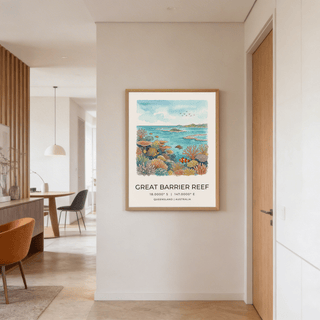 Ocean landscape poster with reef patches, distant islands, and seabirds