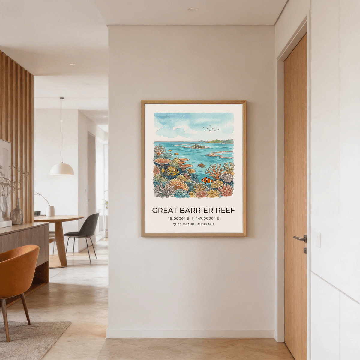 Ocean landscape poster with reef patches, distant islands, and seabirds