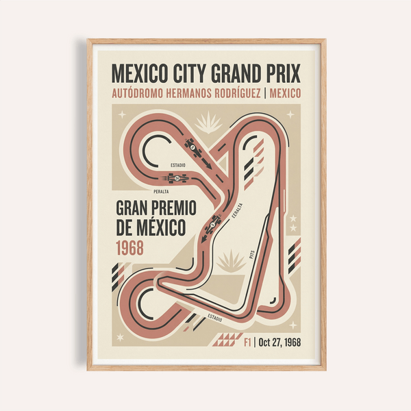 Mexico City Grand Prix Art Print poster with stylized circuit map and 1968 typography