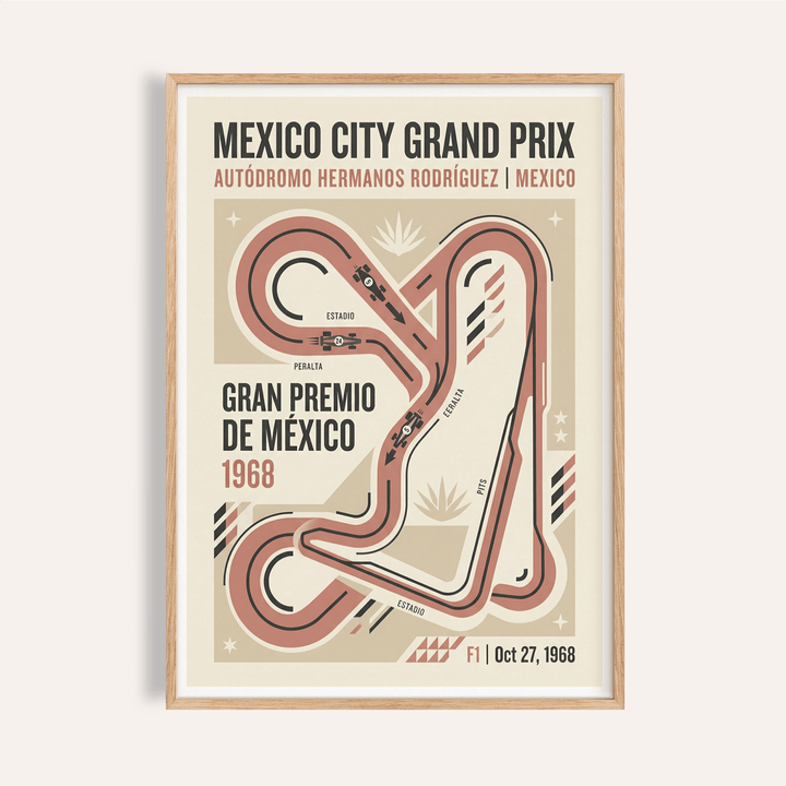 Mexico City Grand Prix Art Print poster with stylized circuit map and 1968 typography