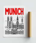 Munich City Poster close-up of simplified trees between sharp rooflines