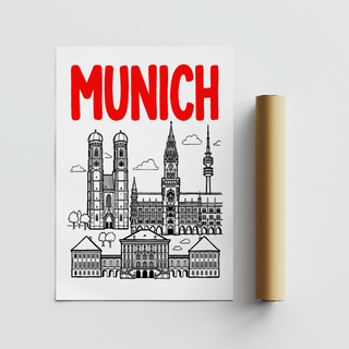 Munich City Poster close-up of simplified trees between sharp rooflines