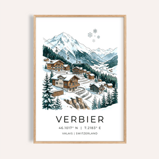 Illustrated Verbier ski village poster with snowy chalets and gondola line wall art