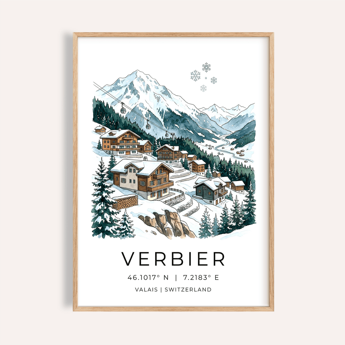 Illustrated Verbier ski village poster with snowy chalets and gondola line wall art