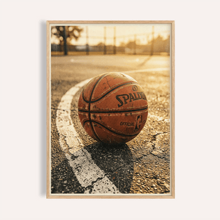 Close up basketball resting on asphalt with painted sideline