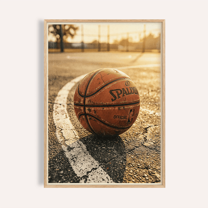 Close up basketball resting on asphalt with painted sideline