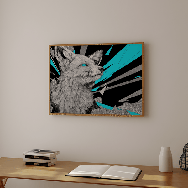 Retro Fox Art Print in Blue hues for contemporary wall art decor