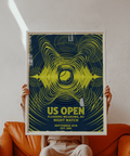 Vintage-style tennis wall art poster reading US OPEN Flushing Meadows NY Night Match with swirling line patterns