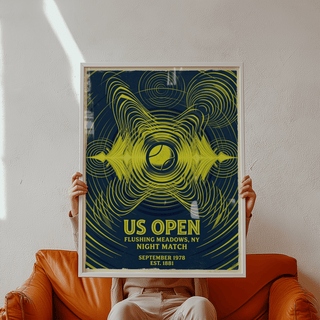 Vintage-style tennis wall art poster reading US OPEN Flushing Meadows NY Night Match with swirling line patterns