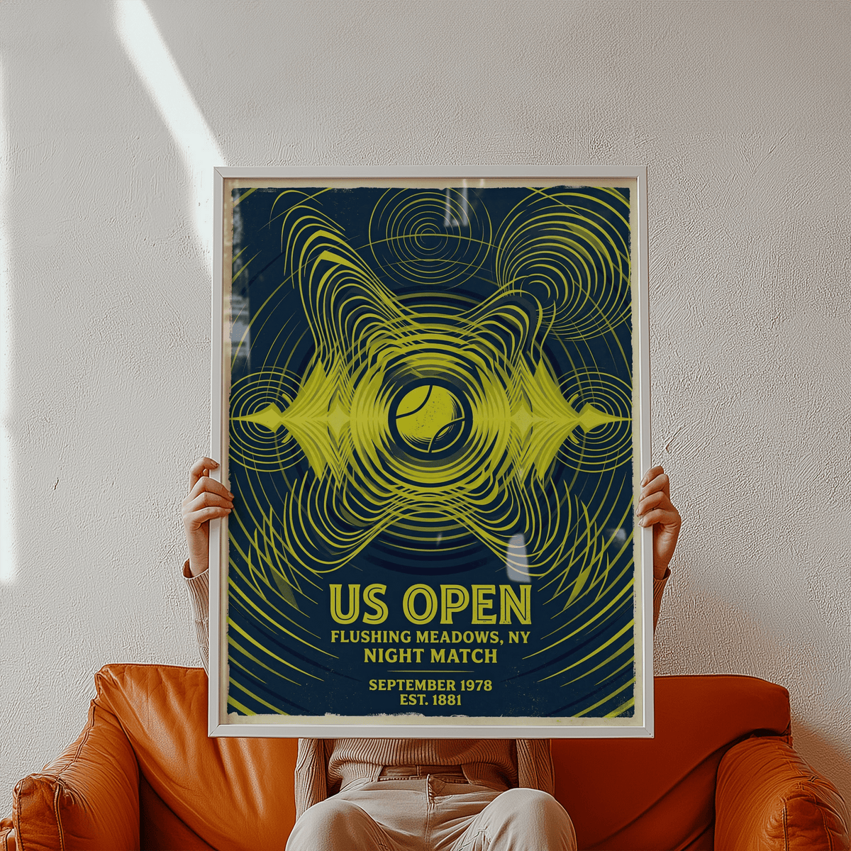 Vintage-style tennis wall art poster reading US OPEN Flushing Meadows NY Night Match with swirling line patterns