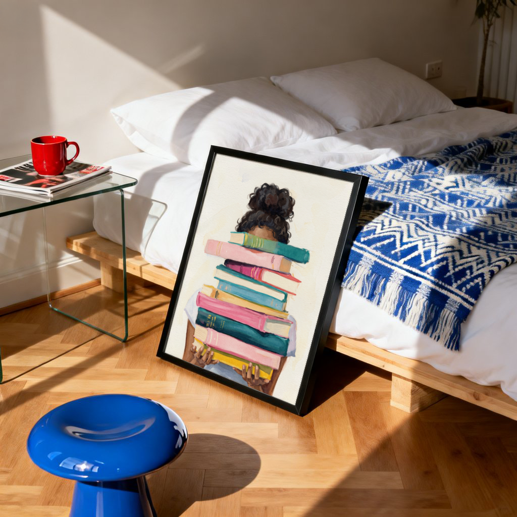 Layered book stack poster illustration with repeated rectangular spines and soft brush texture on a light background