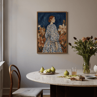Floral Portrait Art in beige and blue, ideal for reading nook wall art