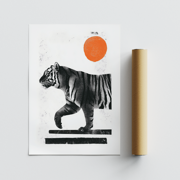 Abstracted tiger wall art with side view figure and minimal background