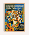 Vibrant Colombian Music Art Print poster with jaguar singer and microphone