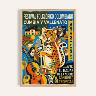 Vibrant Colombian Music Art Print poster with jaguar singer and microphone