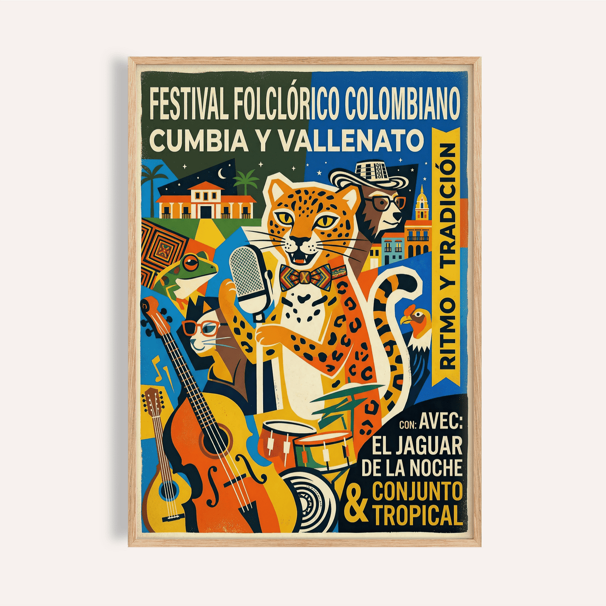 Vibrant Colombian Music Art Print poster with jaguar singer and microphone