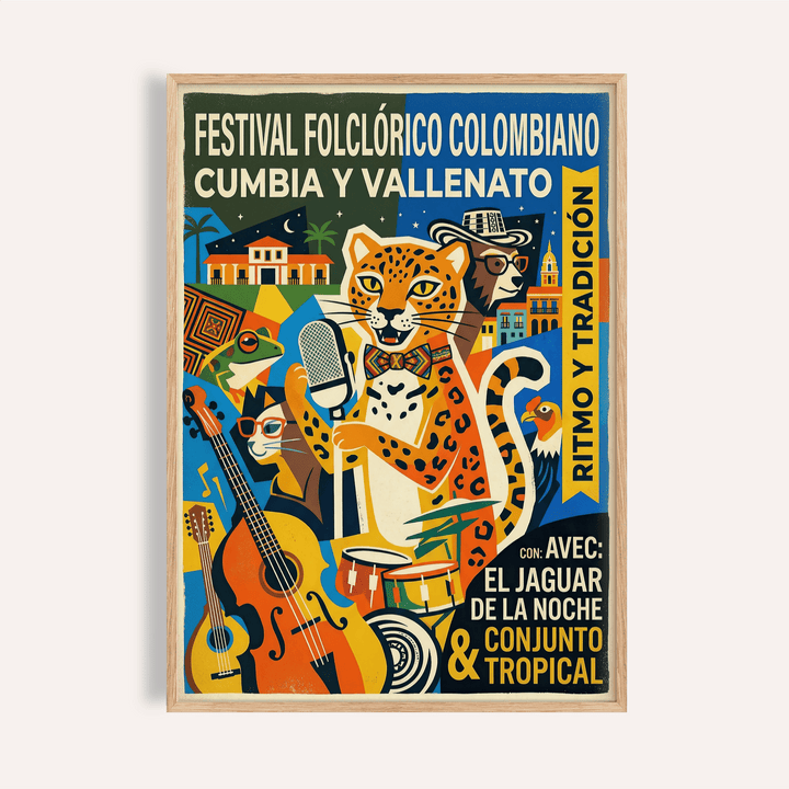 Vibrant Colombian Music Art Print poster with jaguar singer and microphone