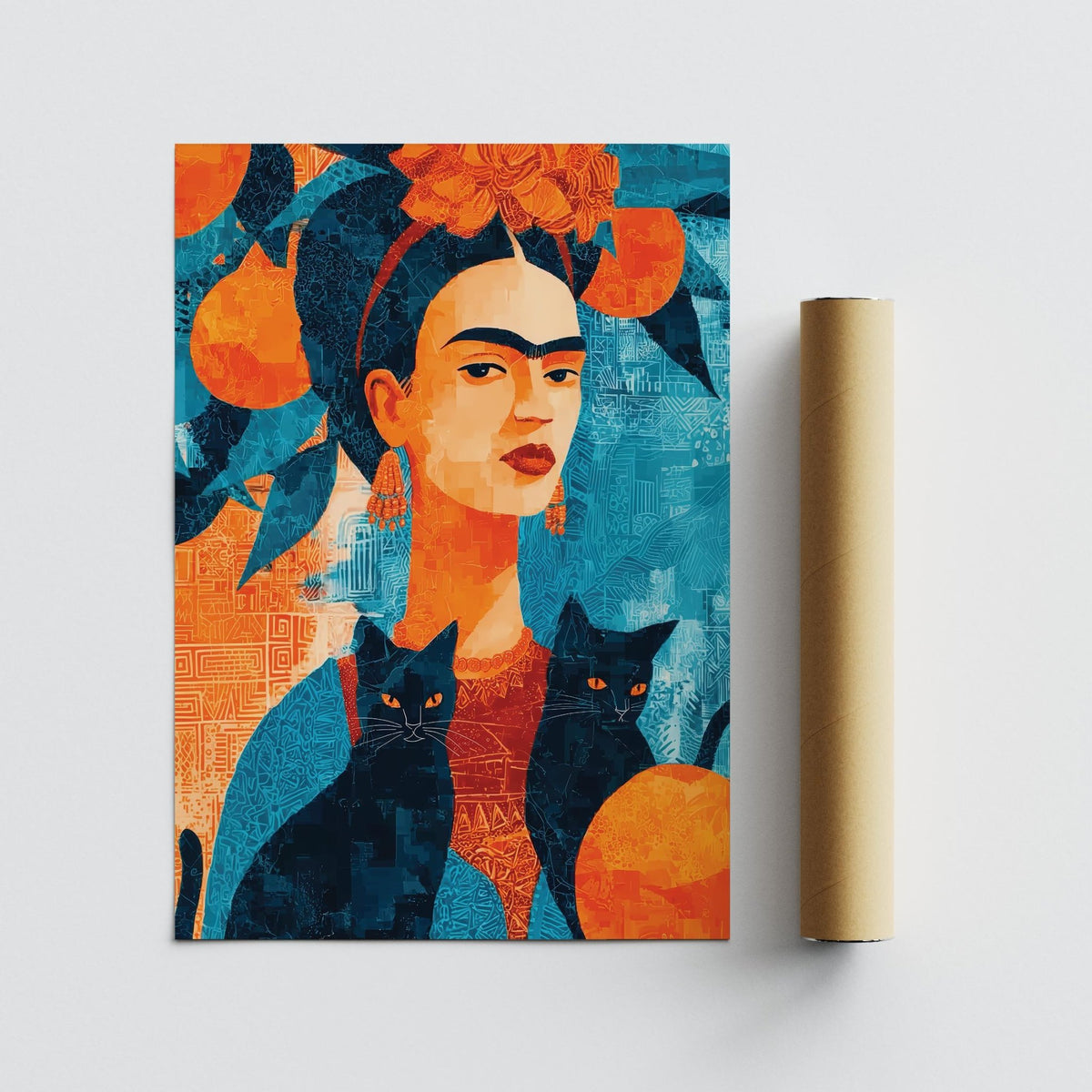 Whimsical Frida Kahlo cat piece with citrus accents and traditional dress.