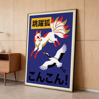 Cranes and Fox Poster featuring a white fox and a crane with wide wings and Japanese lettering