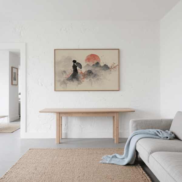 Oriental Wall Art Poster, Beige tone with Red accents for office wall art