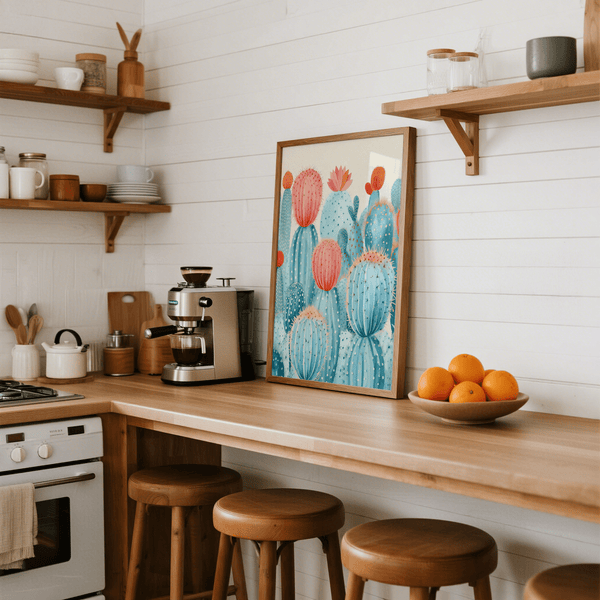 Colorful Cactus Print Blue Pink modern wall art for nursery