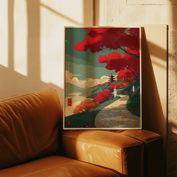 Vertical Autumn Forest Wall Art print featuring forested hillside and winding road