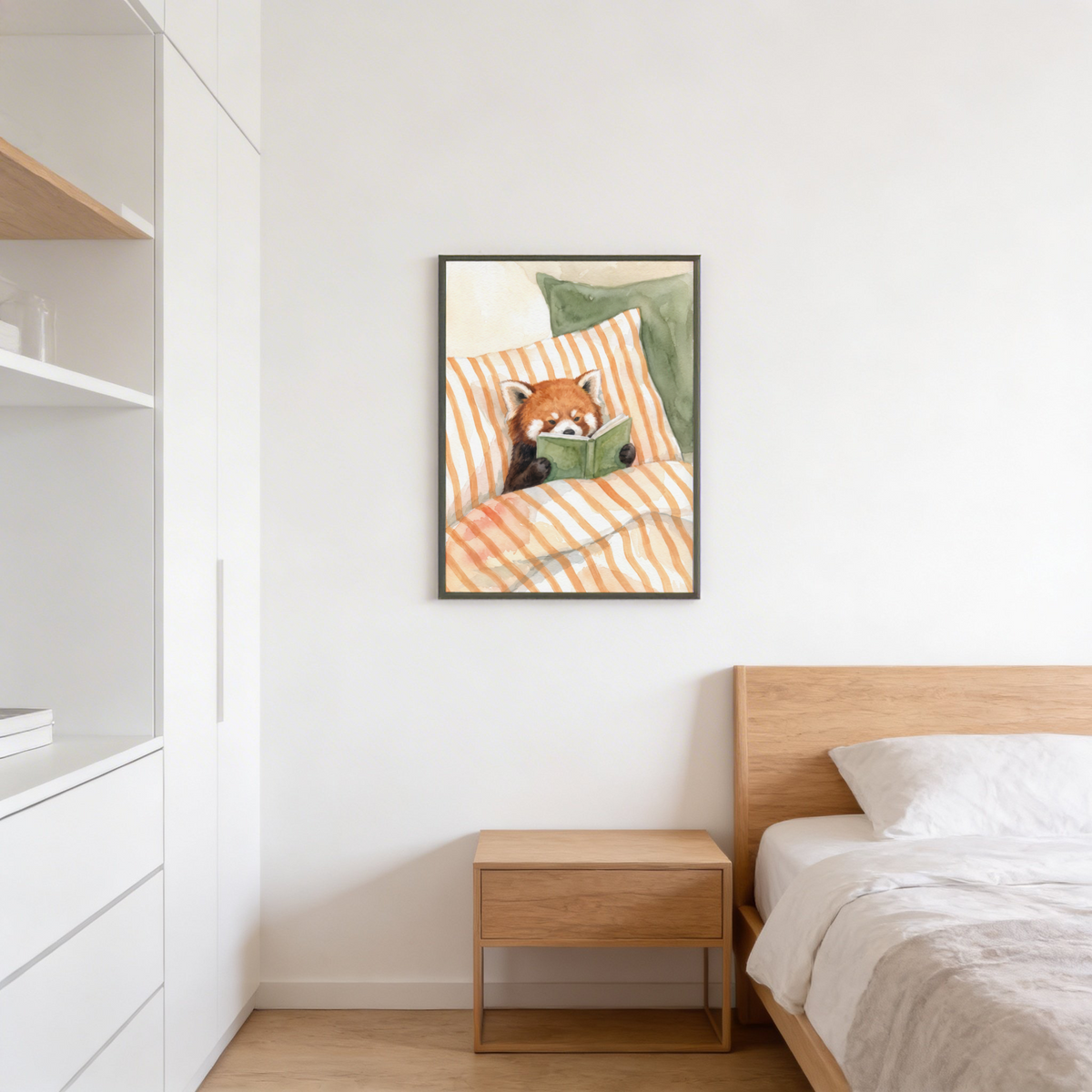 Close-up Red Panda Reading Art Print showing paws on an open book and a cozy duvet pattern