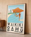 Hawaii Travel Poster showing curved shoreline, longboards, and mountain