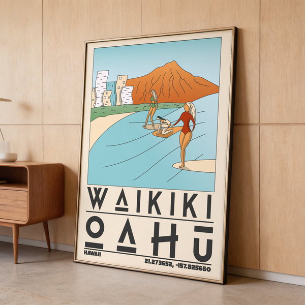 Hawaii Travel Poster showing curved shoreline, longboards, and mountain
