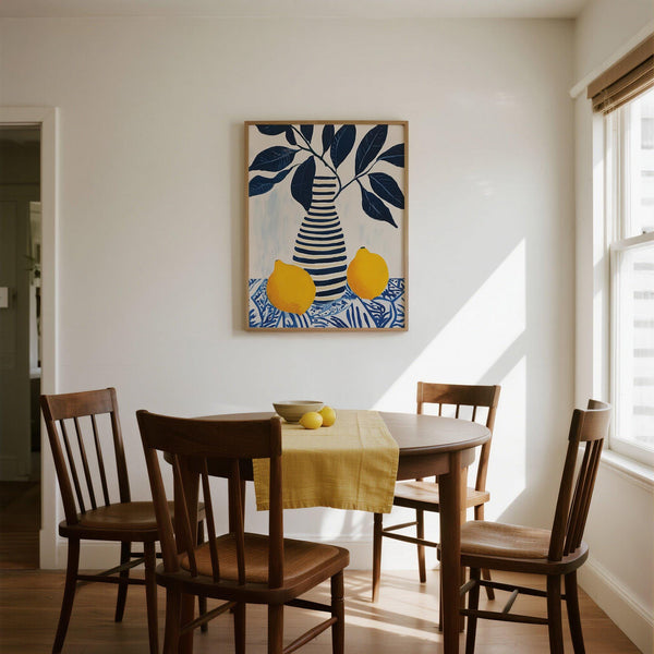 Lemon art with a striped ceramic vase and stylized leaves in deep navy tones.