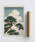 Japanese Landscape Poster with green pine tree, blue and beige tones for hallway