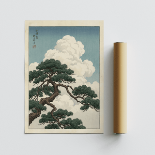 Japanese Landscape Poster with green pine tree, blue and beige tones for hallway