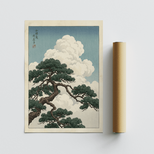 Japanese Landscape Poster with green pine tree, blue and beige tones for hallway