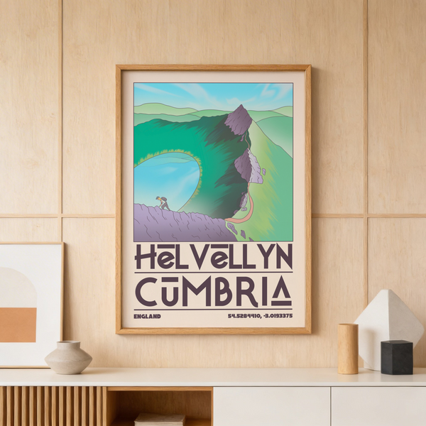 Vintage Helvellyn Cumbria Wall Art poster showing hiker on rocky ridge above lake