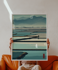 Serene Rice Field Poster featuring reflective paddy fields, mountain silhouettes, and a lone walker