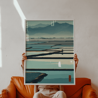 Serene Rice Field Poster featuring reflective paddy fields, mountain silhouettes, and a lone walker