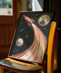 Rocket Ship Wall Art poster for playroom with retro rocket and planets