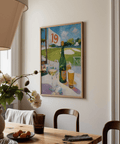 Golf clubhouse patio poster with bottle and glassware in the foreground and fairway beyond the railing