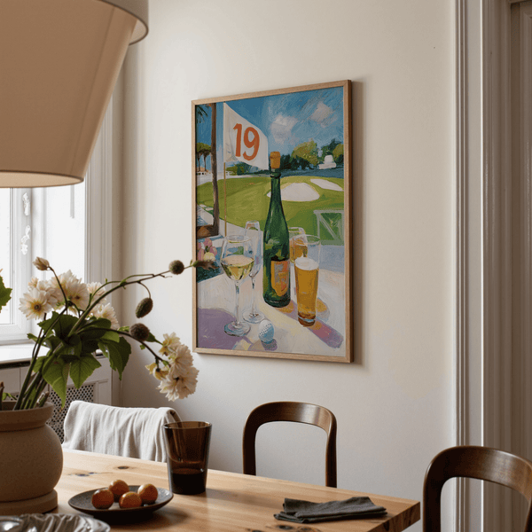 Golf clubhouse patio poster with bottle and glassware in the foreground and fairway beyond the railing
