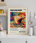 Cafe con leche art print with swirling abstract background in warm and bold hues.