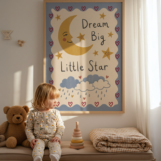Hand-lettered nursery art showing friendly night sky scene