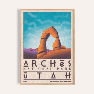 Utah wall art featuring Delicate Arch illustration with blue sky and purple mountains