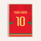 Custom Football Shirt – Red with Green Trim and Yellow Number — wooden-frame main image