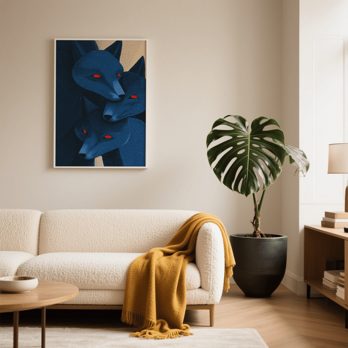 Close-up illustration poster showing three overlapping fox heads with textured fur lines