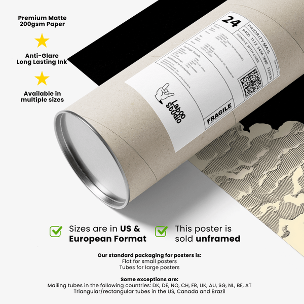 Minimalist black and white poster of a swift horse and open desert sky