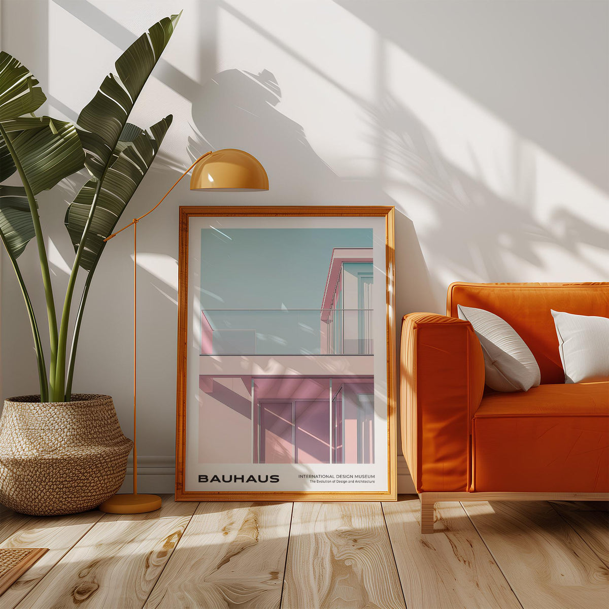 Bauhaus style home with clean lines and large windows in pastel tones.