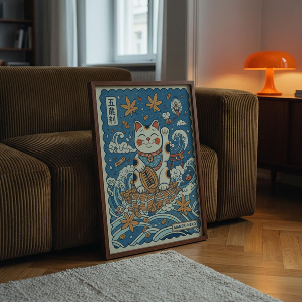 Treasure chests stacked beneath the cat in Japanese Lucky Cat Print artwork