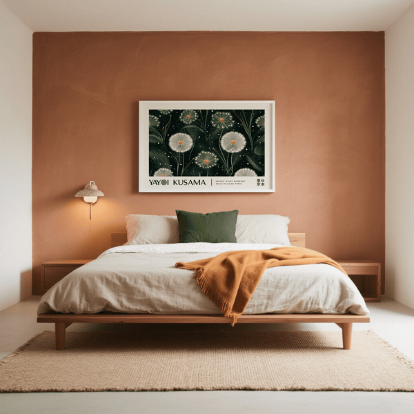 Bedroom Emerald Green Wall Art above bed inspired by Yayoi Kusama