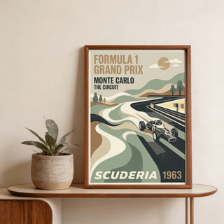 Graphic motorsport poster with winding roadway, layered landscape shapes, and sun above distant hills