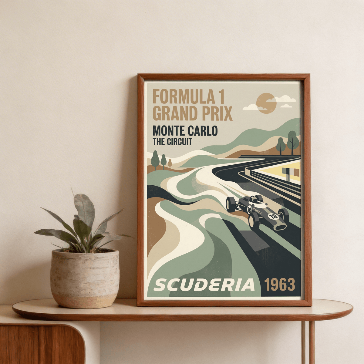 Graphic motorsport poster with winding roadway, layered landscape shapes, and sun above distant hills